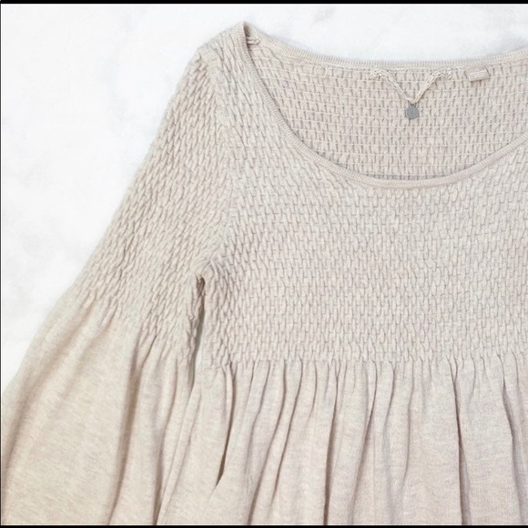 Anthro Knitted & Knotted Oatmeal Wool Blend Balloon Sleeve Babydoll Sweater Top - Picture 9 of 13